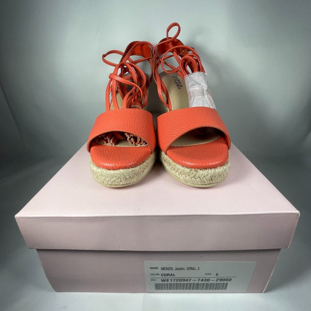 JustFab Jayden Women’s Wedge Espadrille Gladiator Ankle Tie Sandals Coral Size 6